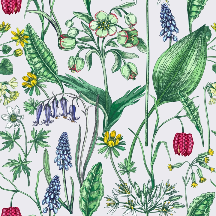 Spring flowers seamless pattern. Wildflowers background. Forest plant, greenery, wild flowers sketches. Hand drawn vector illustration. Not AI-generated